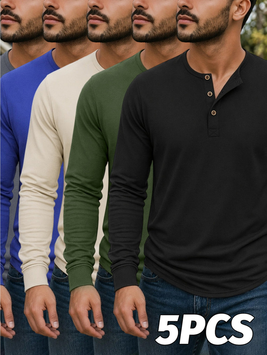 Men'S Classic Retro Henley Long Sleeve T-Shirt 5pcs, American Casual Solid Color Half-Button Up Top, Spring Fall Winter Men'S Comfortable Versatile Base Layer 5pcs, Suitable for Commuting, Business, Casual, Outdoor Activities, Travel - Black+Green+Khaki+Blue+Dark Gray