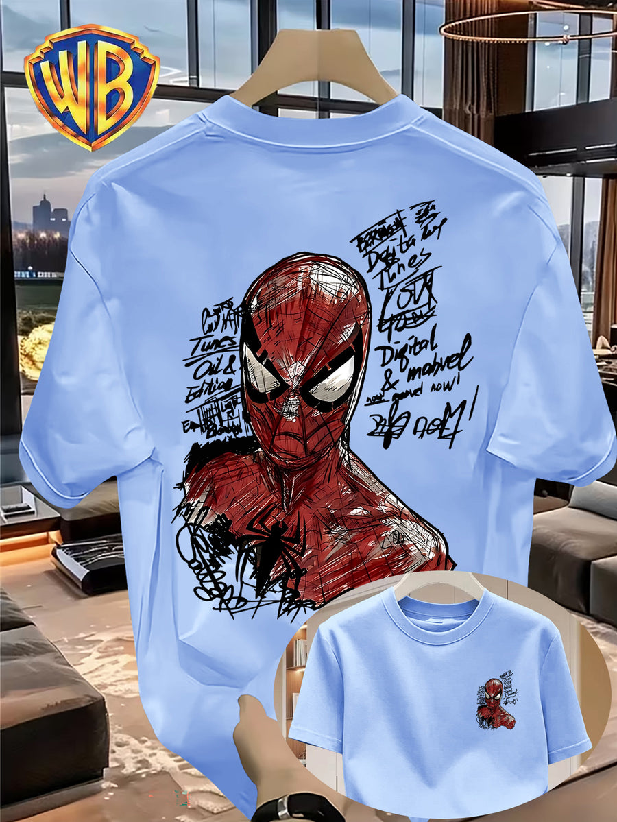 Hand-Drawn Line Art Retro Anime Front And Back Print, Summer Men'S Casual T-Shirt, Men'S Fashion Short Sleeve, Men'S Trendy Top, Loose Short Sleeve, Comfortable, Casual, Commute, Vacation, Premium, Couple Style, Student, Holiday, Gift, All Seasons - Light Blue