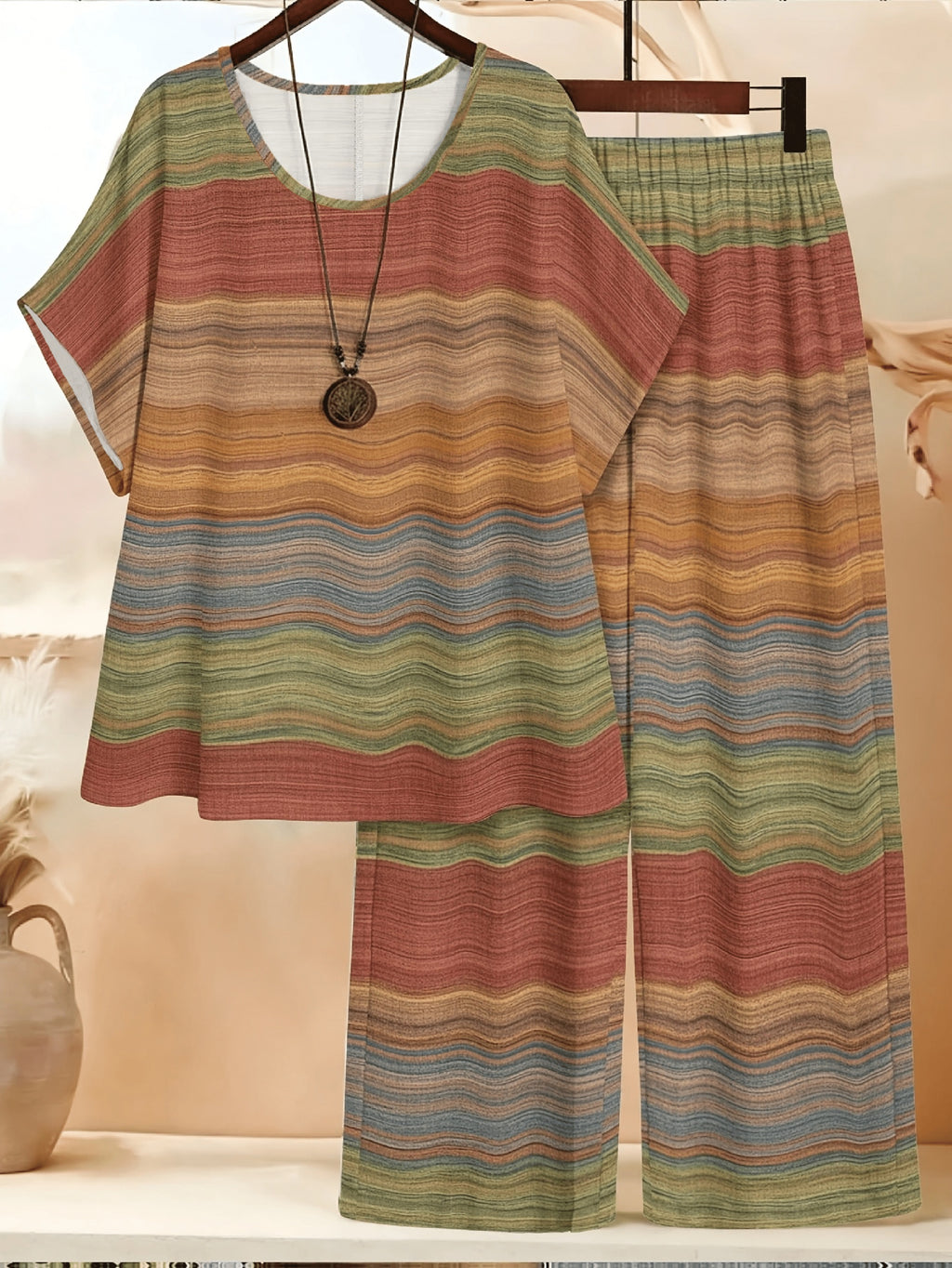 Plus Size, Women's Vintage Earth Tone Striped Plus Size 2pcs Set, Artistic Multicolor Casual Loose Short Sleeve Top and Wide-Leg Pants Set - Multicolor