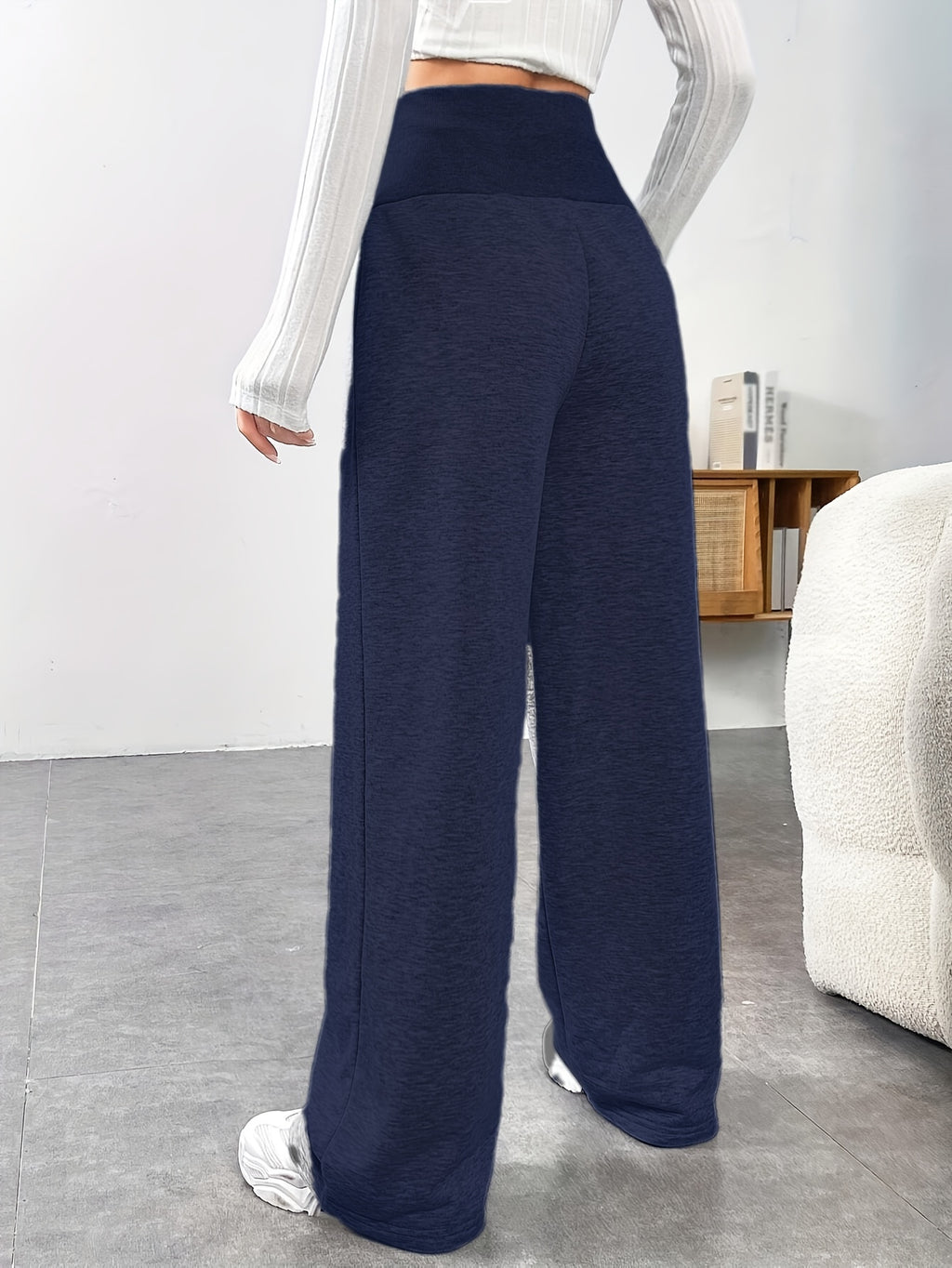 High-waisted Ribbed Waistband Wide-leg Pants with Contrast Drawstring and Label, No Pockets, Solid Color, Versatile for Daily Commuting in Spring, Summer, and Autumn. Lightweight and Easy to Wear, a Fashionable Choice - Navy Color