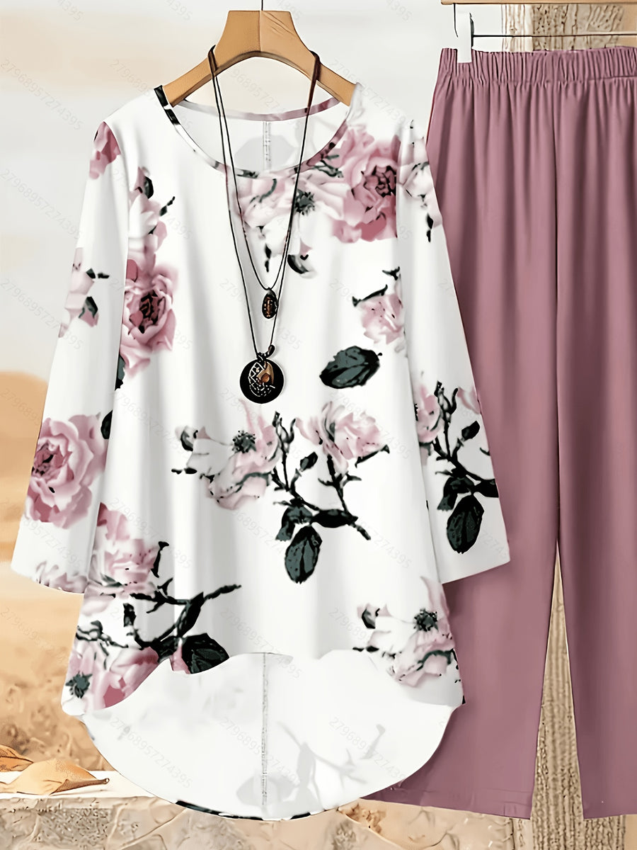 Women's Fashionable and Elegant Bohemian Print Long Sleeve and Long Pants Set - Pink Flower Pattern