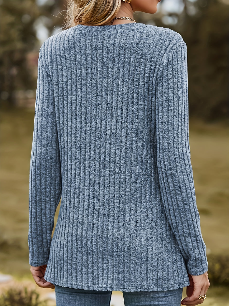 New Autumn And Winter Round Neck Brushed Ribbed Butterfly Print Long Sleeve T-Shirt Base Layer - Sea Blue