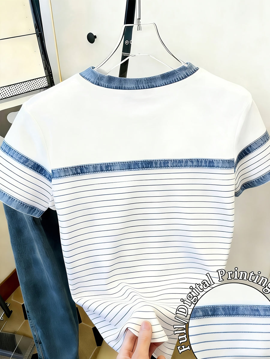 Women's Fashion Round-Neck Short Sleeve T-Shirt, Cute Home Wear, Versatile Outerwear, Swear Top, Printed, Mature Trendy Clothing, Women's Casual Printed Round-Neck Short Sleeve T-Shirt - White