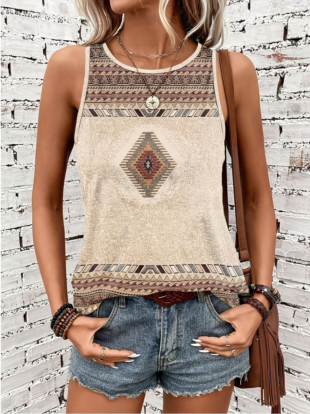 Women'S Fashion Casual Round Neck Printed Tank Top - Apricot
