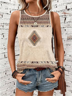 Women'S Fashion Casual Round Neck Printed Tank Top - Apricot