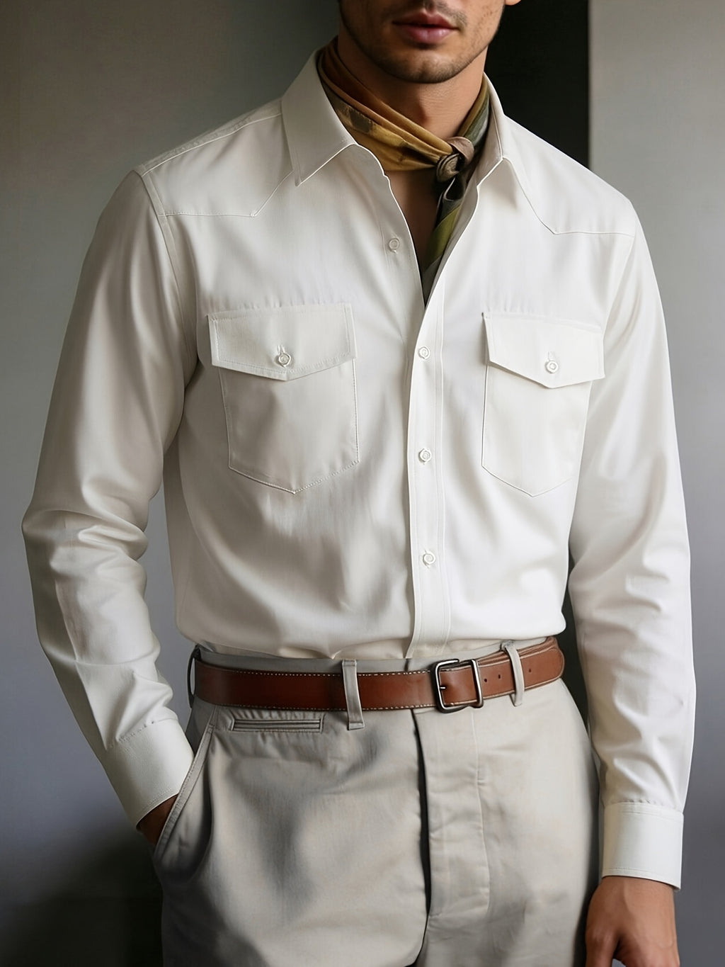 Men's Solid Color Button- Shirt with Double Pocket Collar - Machine Washable Long Sleeve Work Shirt Suitable for Business Casual, Commuting & Office Wear, Button-Front Collar Top for Spring/Autumn Layering (Adult Gift), father's day - White