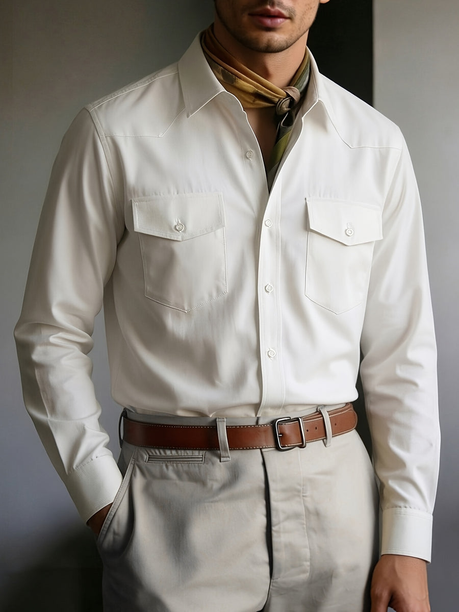 Men's Solid Color Button- Shirt with Double Pocket Collar - Machine Washable Long Sleeve Work Shirt Suitable for Business Casual, Commuting & Office Wear, Button-Front Collar Top for Spring/Autumn Layering (Adult Gift), father's day - White