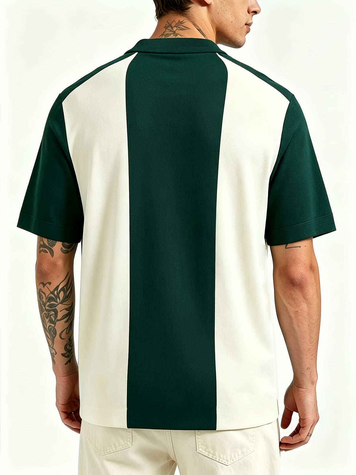 [Printed Design - Not Textured] Men'S Round Neck Short Sleeve T-Shirt, Green White Vertical Contrast Color Patchwork Loose Drop Shoulder Top, Retro Casual Style Men'S Clothing, Easy Trendy Versatile Daily Commute Short Sleeve Tee, Easy Premium Top - Mixed colors