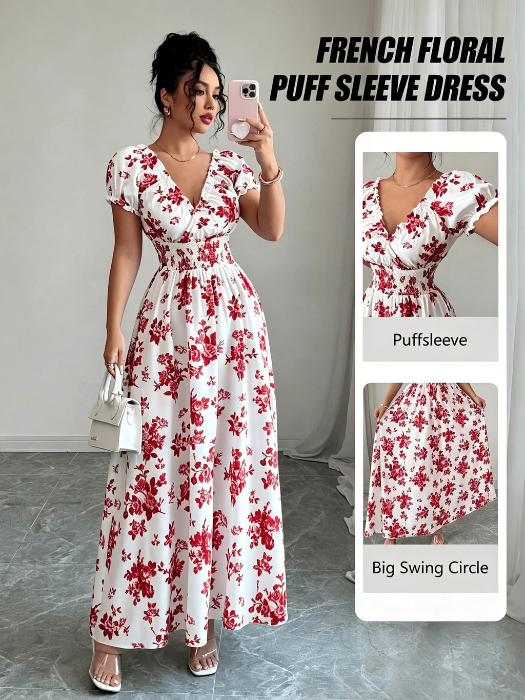 V-neck Ruffle Design, Floral Print Fabric, Elastic Waist Slim-Fit Short Sleeve Women's Dress, Elegant Party Wear, Date Night - Red Flowers