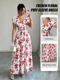 V-neck Ruffle Design, Floral Print Fabric, Elastic Waist Slim-Fit Short Sleeve Women's Dress, Elegant Party Wear, Date Night - Red Flowers