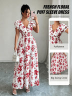 V-neck Ruffle Design, Floral Print Fabric, Elastic Waist Slim-Fit Short Sleeve Women's Dress, Elegant Party Wear, Date Night - Red Flowers