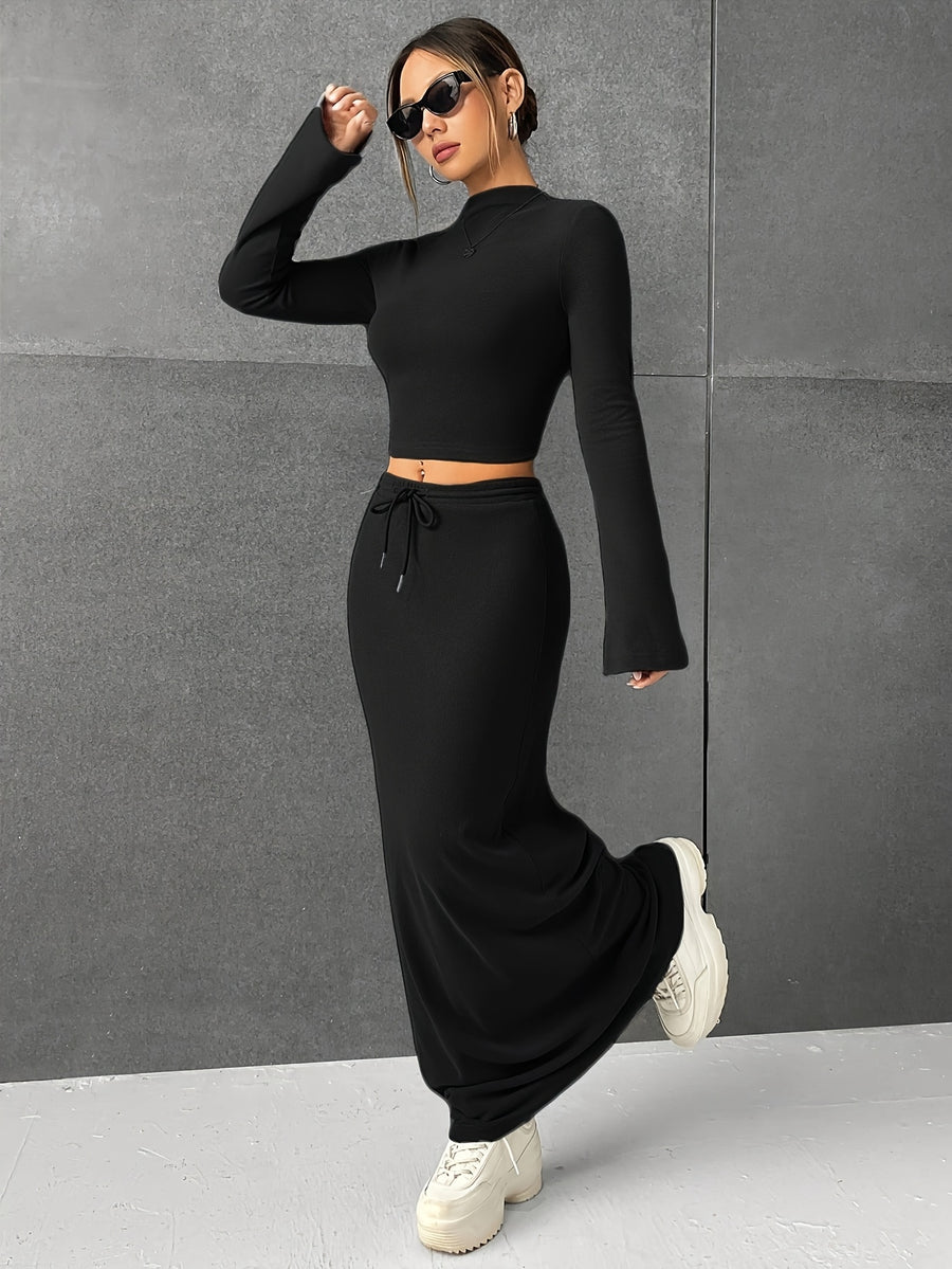 Spring and Autumn Solid Color Half Skirt Long Sleeve Top, Fashionable 2pcs Set for Women - Black