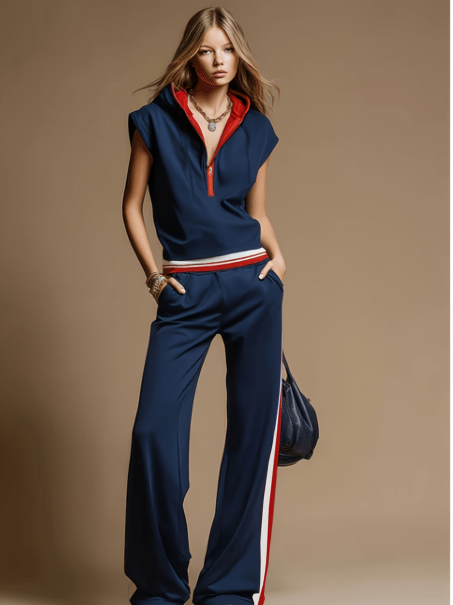 Women's Sleeveless Hooded Sweatshirt Set with Ribbed Trim, Side Stripe Wide-Leg Joggers, Vintage Casual 2pcs Set - Navy Color