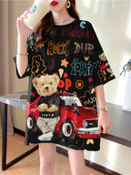 Summer New Large Size Loose Fashion Trend Slim Cartoon Round Neck Print Ladies Women's Medium and Long Short-sleeved T-shirt Clothes - K171-B
