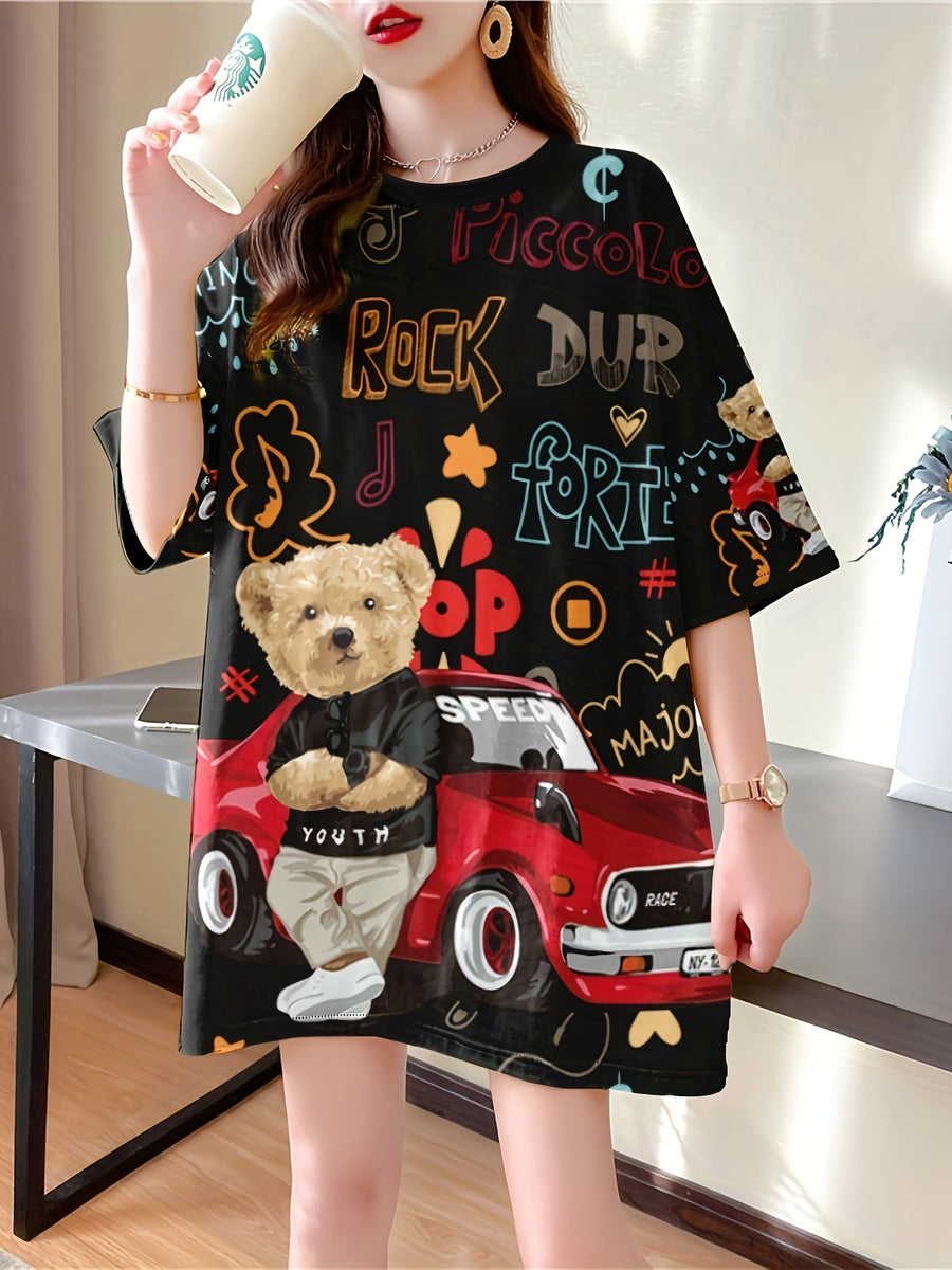Summer New Large Size Loose Fashion Trend Slim Cartoon Round Neck Print Ladies Women's Medium and Long Short-sleeved T-shirt Clothes - K171-B