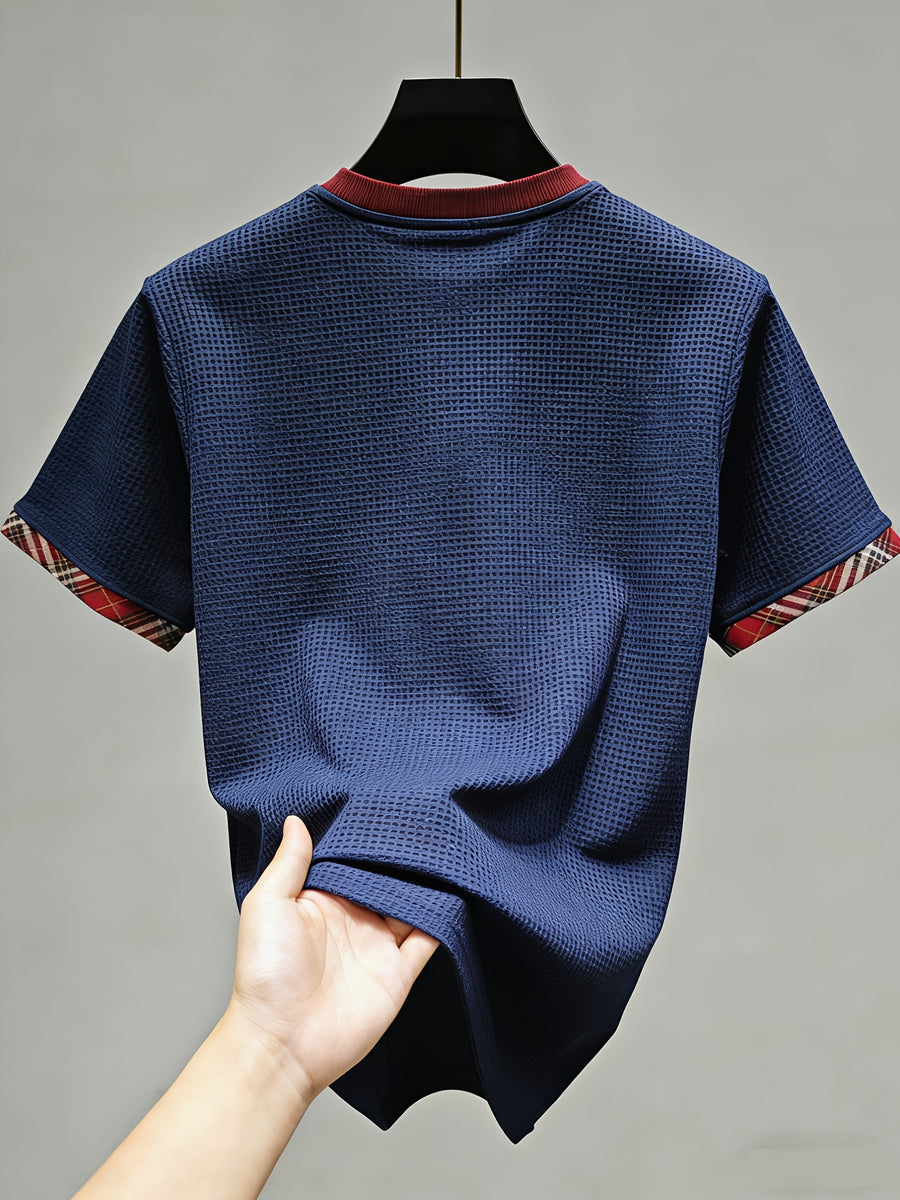 [Pearson OBM] Men'S Spring Summer Short Sleeve Golf Sweater Light Luxury Premium V-Neck Skin-Friendly T-Shirt, Heavyweight Mini Waffle Texture Fabric Contrast Striped Double-Layer Collar Fashion Polo Shirt, Knit - ncnavy