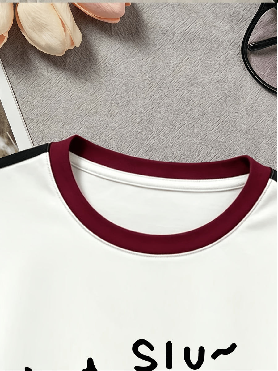 Minimalist Circle Earrings Printed, Colorful Patchwork T-Shirt, Fitted Short-Sleeved Style, Retro And Niche Y2K Trend - White