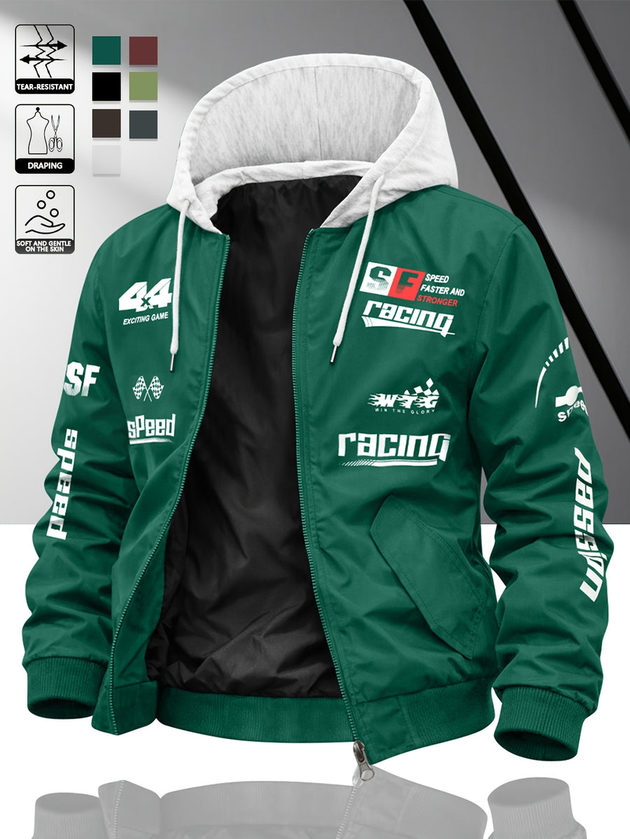 Fashion Casual Men'S Contrast Color Hooded Cardigan Long Sleeve Jacket, Letter Print, Comfortable And Versatile, Suitable for Autumn Winter JK5682, Sporty, Breathable, Regular Fit, Daily - Green