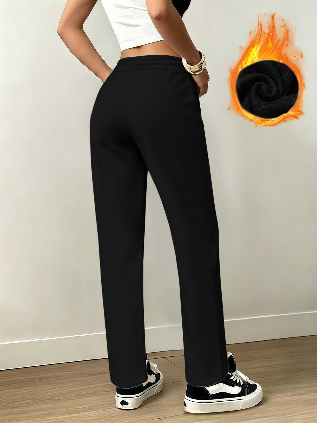 Lazy Atmosphere Women'S Fleece-Lined Sweatpants, Loose Straight Fit, Warm And Non-Porous Casual All-Match Autumn Winter Trousers - Black