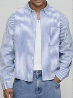 Men's Short Striped Casual Long-Sleeve Button- Shirt with Lapel, Suitable for Spring/Autumn Outings, Vacations, and Daily Wear, Men's Fashion Apparel - Light Blue