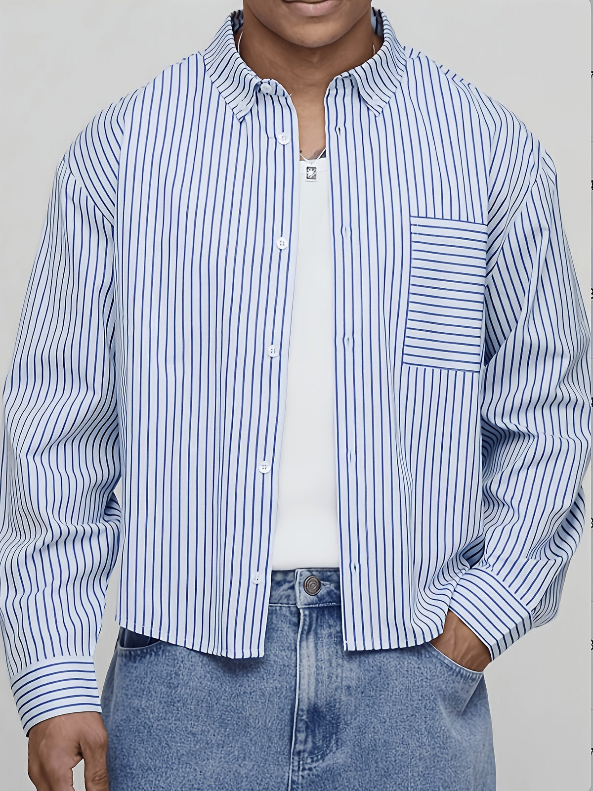 Men's Short Striped Casual Long-Sleeve Button- Shirt with Lapel, Suitable for Spring/Autumn Outings, Vacations, and Daily Wear, Men's Fashion Apparel - Light Blue
