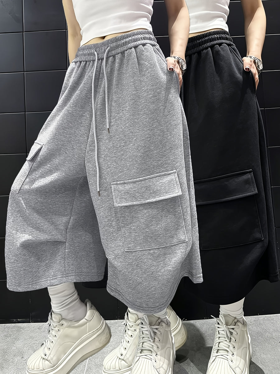 2pcs Solid Color Loose Fit Casual Capri Pants Set, 2pcs Casual Sweatpants Set - Black+gray