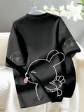 Cute Rabbit Print T-Shirt, Short Sleeve Crew Neck Casual Top for Summer And Spring, Women'S Clothing - Black