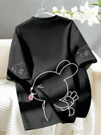 Cute Rabbit Print T-Shirt, Short Sleeve Crew Neck Casual Top for Summer And Spring, Women'S Clothing - Black