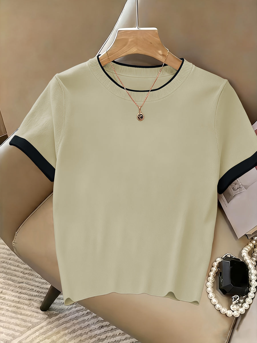 Popular New Spring/Summer Contrast Color Neckline and Cuffs Pullover Short-Sleeve T-Shirt, Ins-Style Simple and Fresh Fabric T-Shirt - Apricot