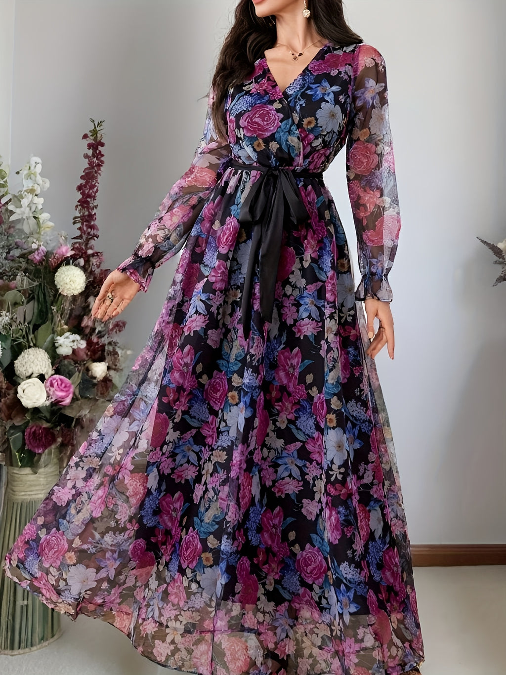 New elegant ladies cross collar lantern long sleeve waist oversized swing floral fashion mesh print romantic holiday maxi dress - Multicolor