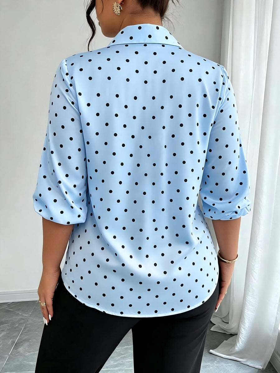 Women'S Polka Dot Long Sleeve Button-Up Shirt, Collar Style, Regular Fit, Non-Stretch Fabric, Suitable for Work And Casual Wear - Sky Blue