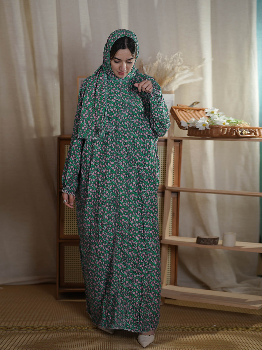 Ramadan Floral Pattern Modest Dress, Elegant Long Sleeve Loose With Hijab Modest Dress, Women's Clothing - Multicolor