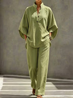 [PLMM] Spring Autumn Winter Women'S Fabric Button Short Collar Fashion Casual Two-Piece Long Pants Set - Olive