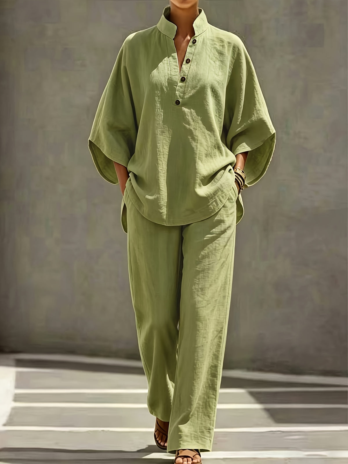 [PLMM] Spring Autumn Winter Women'S Fabric Button Short Collar Fashion Casual Two-Piece Long Pants Set - Olive