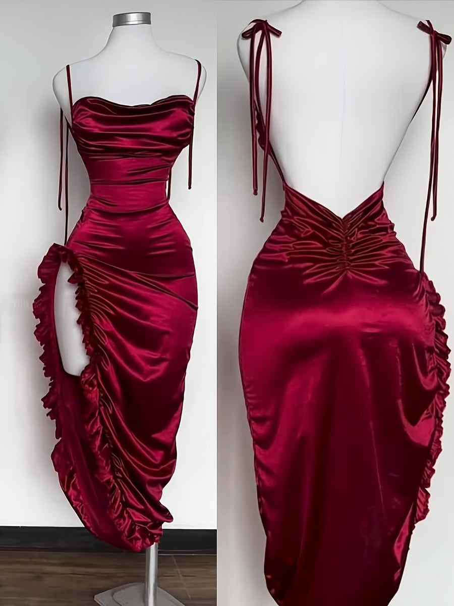 Y2K Asymmetrical Ruffle Dress, Suitable for Vacation Dresses, Easter Beachwear, Hawaiian Music Festival, Tropical Vacation Outfits, Christmas, Thanksgiving, New Year's Eve Party Dress, Niannian - Burgundy