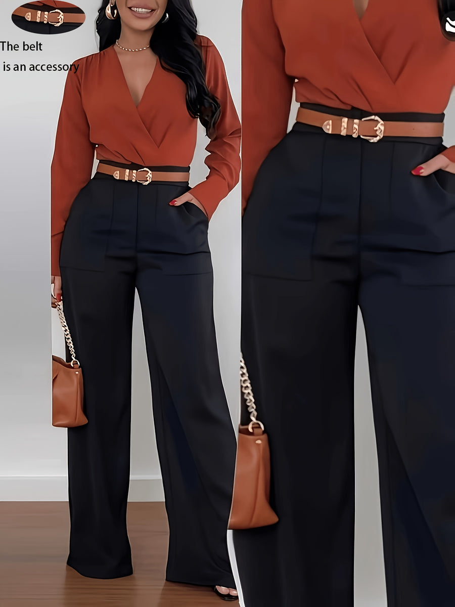 Women'S Trousers, Solid Color High Waist Wide Leg Casual Elegant Trousers (No Belt) + [Ta Lan] - Black