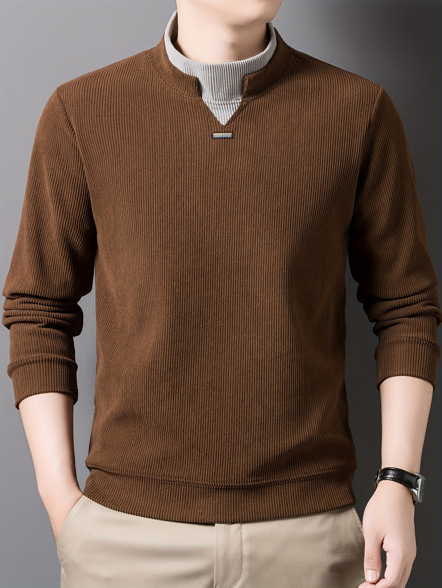 New High-Neck Men's Base Layer Shirt, Fashionable Trendy Casual -Lined Warm Sweater, Stylish Skin-Friendly Men's Autumn-Winter Knit Top F2136 - Coffee Color