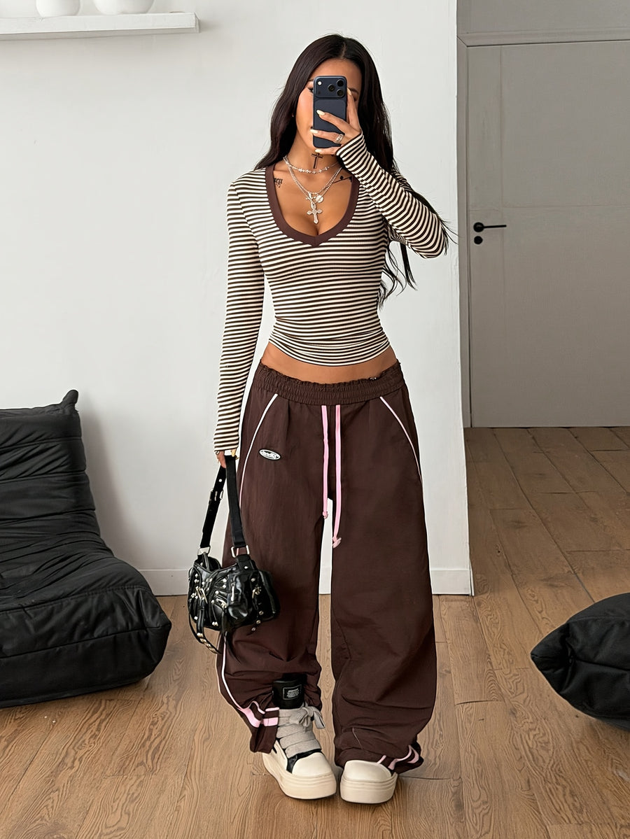 American Vintage Striped U-Neck Long Sleeve T-Shirt for Women, Slim Fit, Figure-Flattering, Hot Style, Contrast Trim Base Layer Top - Khaki