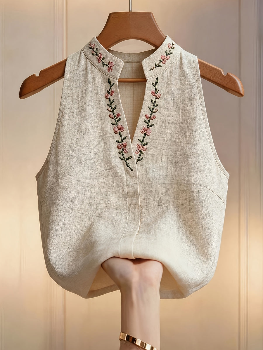 Women'S Floral Embroidery Lapel Sleeveless Shirt, Embroidered Top, Elegant Summer Attire, Office And Commute Wear - Apricot