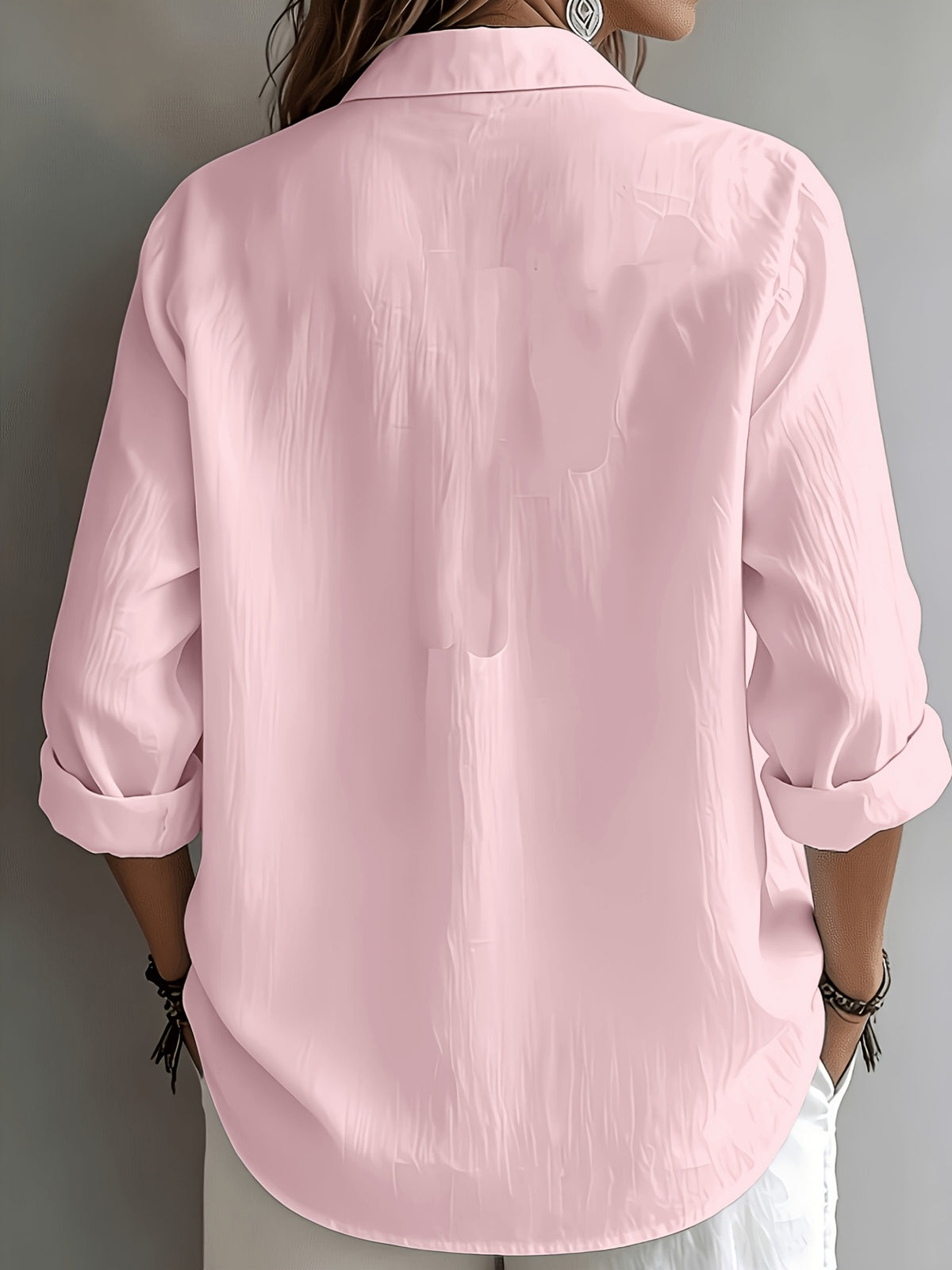 Elegant Vacation Style V-Neck, Loose Relaxed Linen Texture Shirt, Commute Style, Casual And Artistic, And Enhances Silhouette for Daily Use, Loose And Flowing, Breathable Shirt, Comfortable And Relaxed Style - Pink Color