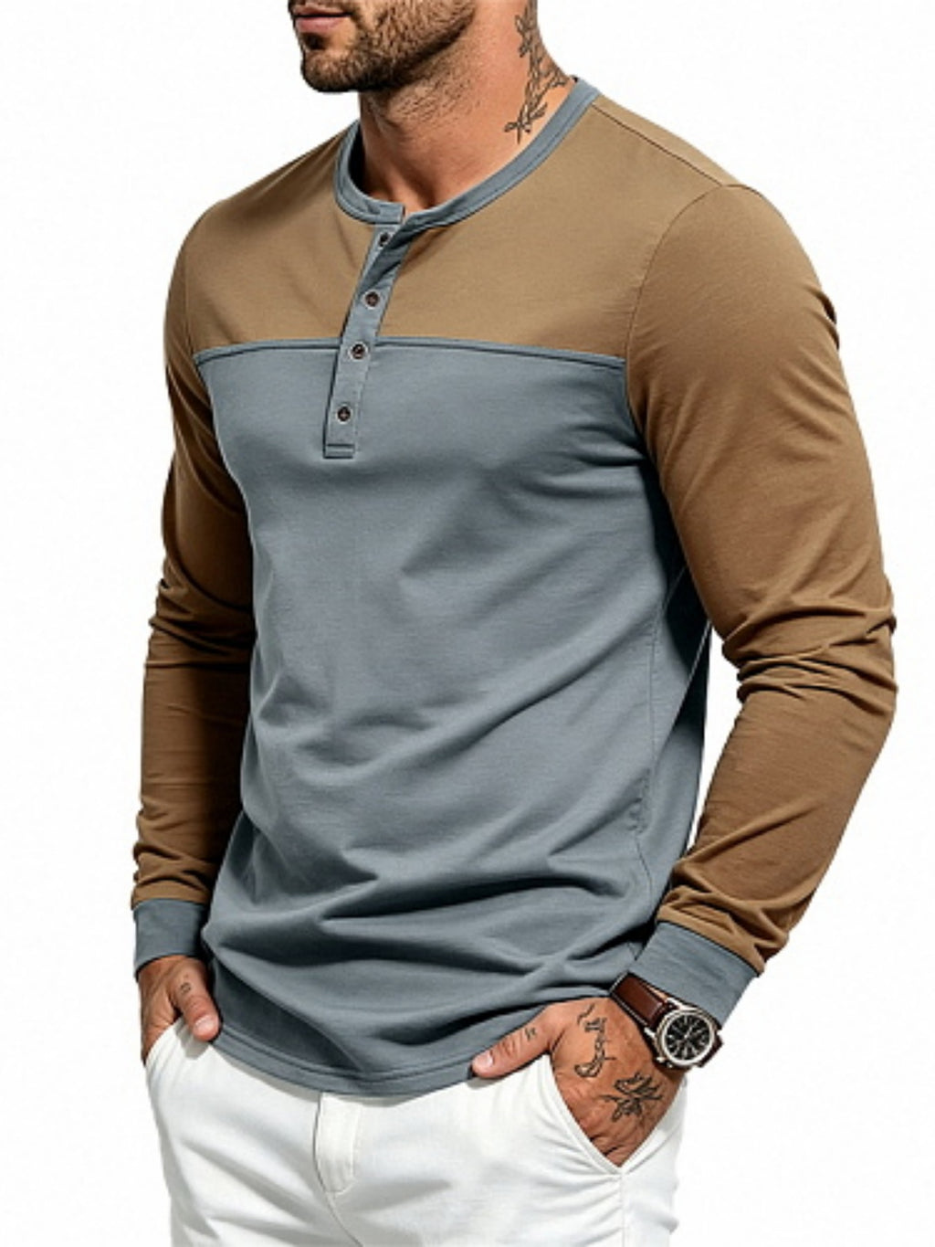 Men'S Henley Collar Long Sleeve T-Shirt, Casual Commute Outdoor Home Top, Contrast Color Patchwork Half-Button Design, Casual Easy Style, All-Season Fit, Ribbed Collar And Cuffs with Soft Elastic Knit Fabric, Men'S Favorite Holiday Gift - Brown+hui