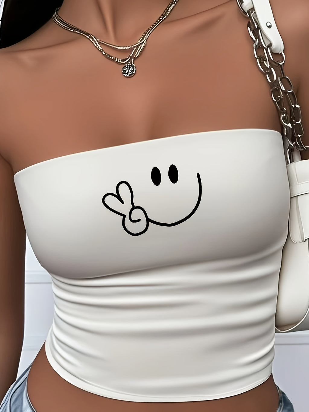 Joyful Gesture Happy Abstract Lines Printed Elastic Strapless Women's Clothing All Seasons - Milky