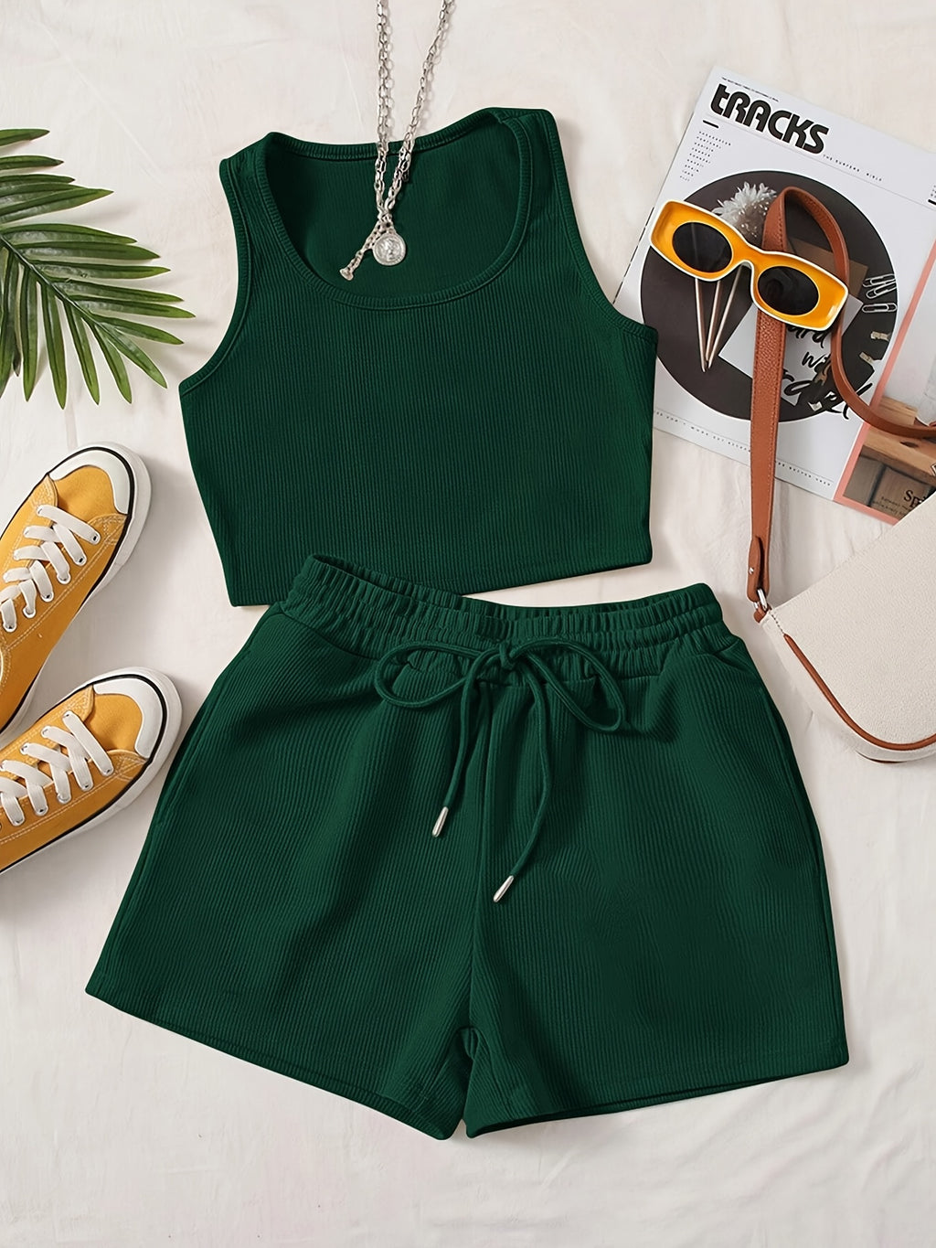 Women'S Green Sleeveless Tank Top & Drawstring Shorts Set - Casual, Solid Color, All-Season Wear, Casual Attire|Minimalist Style| - Dark Green