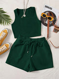 Women'S Green Sleeveless Tank Top & Drawstring Shorts Set - Casual, Solid Color, All-Season Wear, Casual Attire|Minimalist Style| - Dark Green