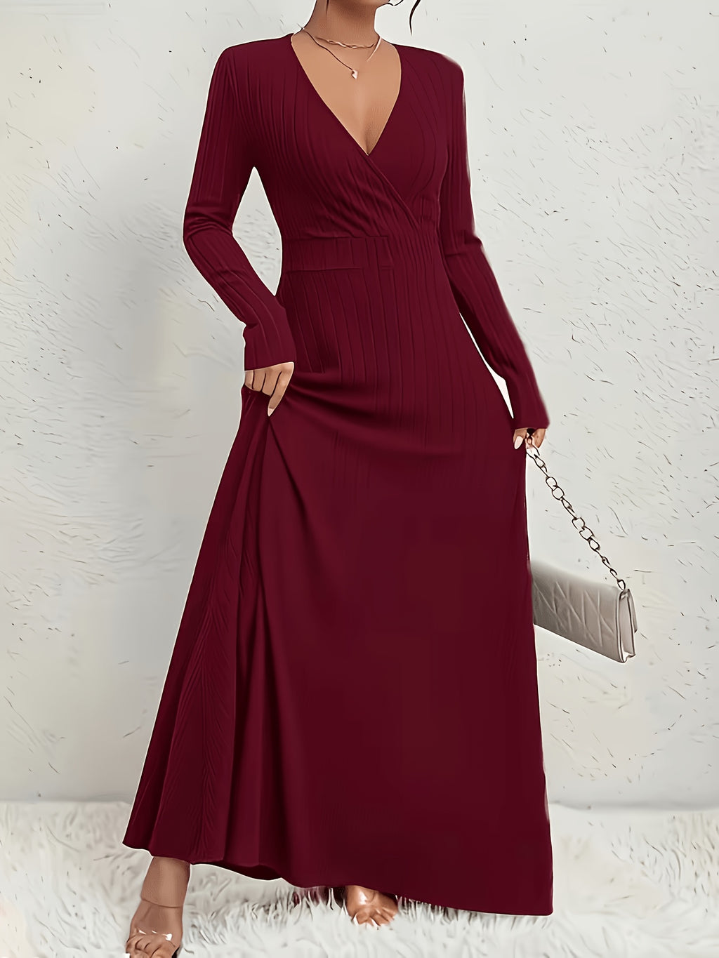 Women's A-Line Dress with Cross Neckline & Sleeves - Soft Stretch Midi Dress for All Seasons, Machine Washable Solid Color Elegant Casual to Formal Wear, Formal Attire, Construction - Burgundy