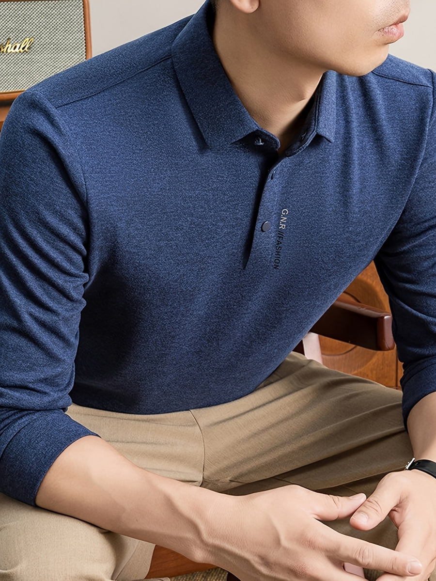 New Autumn 2026 Men's Long-Sleeve T-Shirt, Solid Color Lapel, Simple Daily Wear, Casual Polo Shirt - Dark Blue