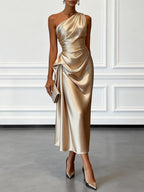 Elegant Champagne Off-Shoulder Satin Evening Dress - Single Shoulder Strap Bodycon Midi Gown with Waist Pleats, Machine Washable Suitable for Weddings, Proms, Galas & Special Occasions - Champagne