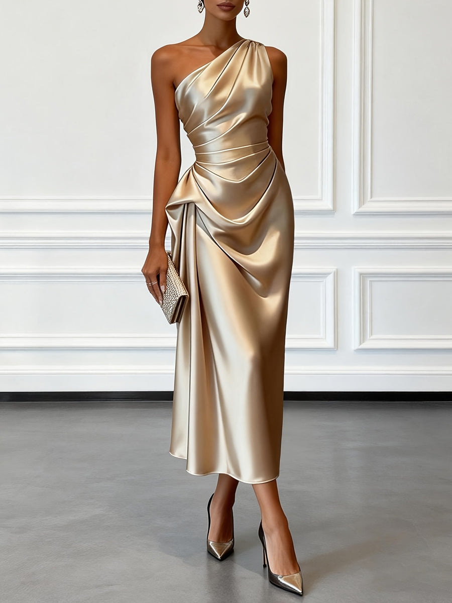 Elegant Champagne Off-Shoulder Satin Evening Dress - Single Shoulder Strap Bodycon Midi Gown with Waist Pleats, Machine Washable Suitable for Weddings, Proms, Galas & Special Occasions - Champagne