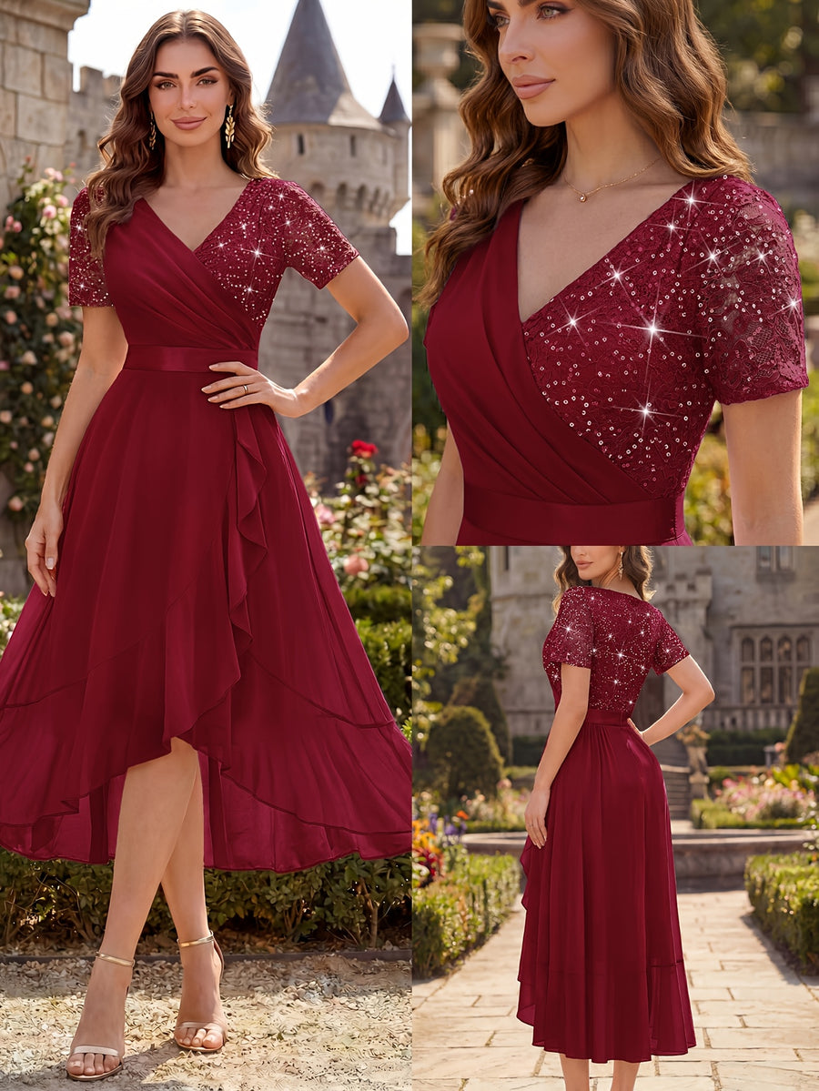 Women'S Elegant V-Neck Lace Chiffon Ruffled Trim Slit Wedding Party Long Dress - Red