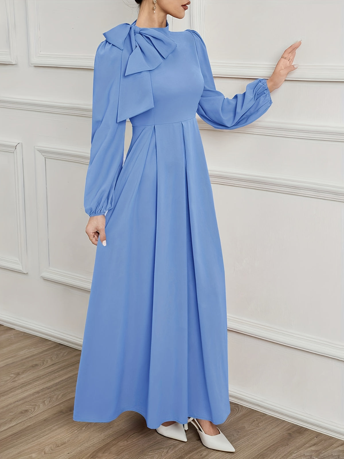 Retro Stand-Up Collar Puff Sleeve Midi Dress with Satin Bow Decoration, Slim Fit Trumpet Gown, Suitable for Banquets, Wedding Guests And Formal Dinners - Blue